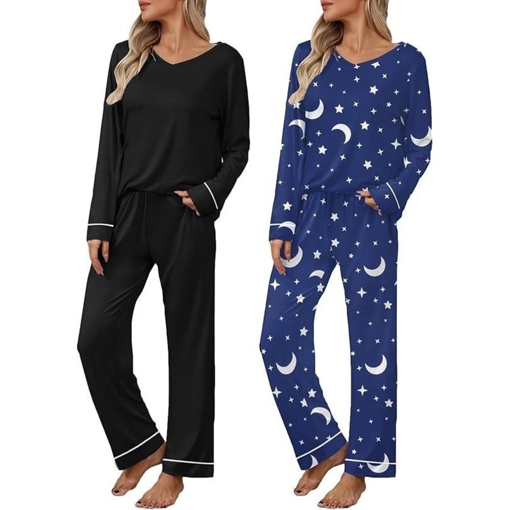 Ekouaer Women's 2 Pack Long Sleeve Pants Pajama Sets - Black & Navy Star - 2XL
